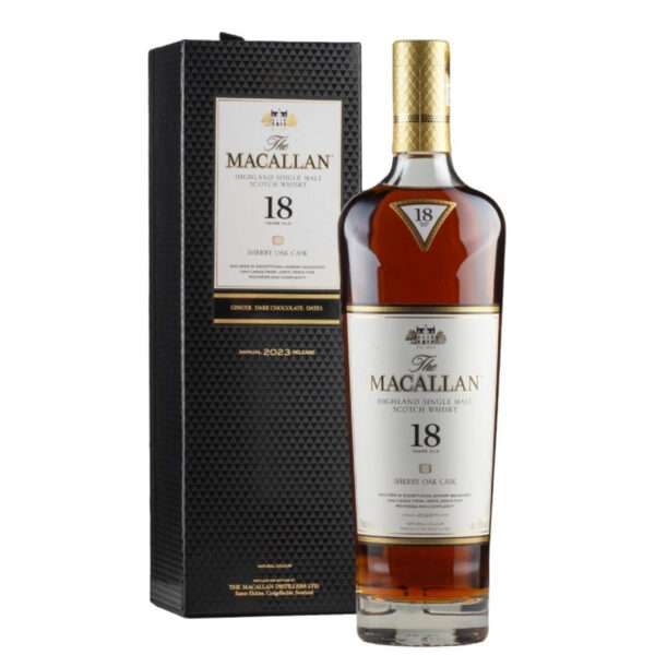 Discover The Macallan 18 Year Old - 2023 Sherry Oak Release. This limited edition Speyside Single Malt, matured in sherry-seasoned oak barrels, is a luxurious addition to any collection. Purchase now to secure this highly desirable and valuable collectable. Visit www.stonehouse7.com