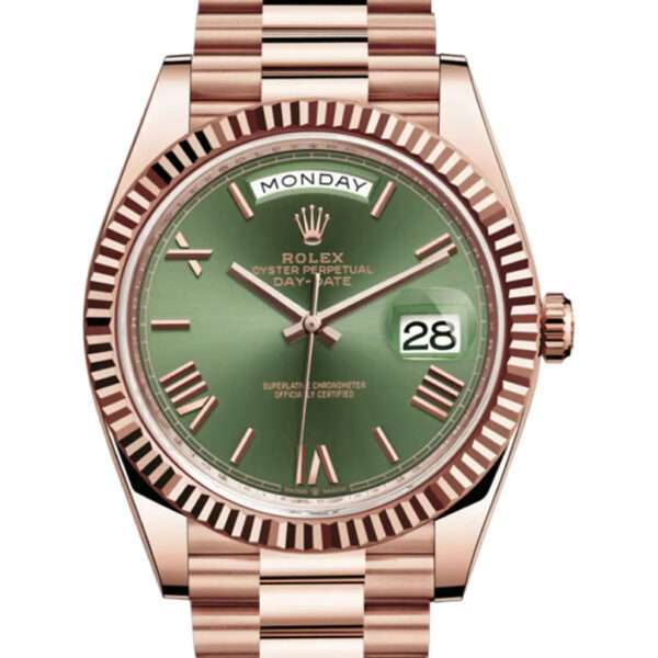 The Oyster Perpetual Day-Date 40 in 18ct Everose gold with an enchanting olive-green dial with its distinguished fluted bezel, and iconic President Bracelet. www.stonehouse7.com